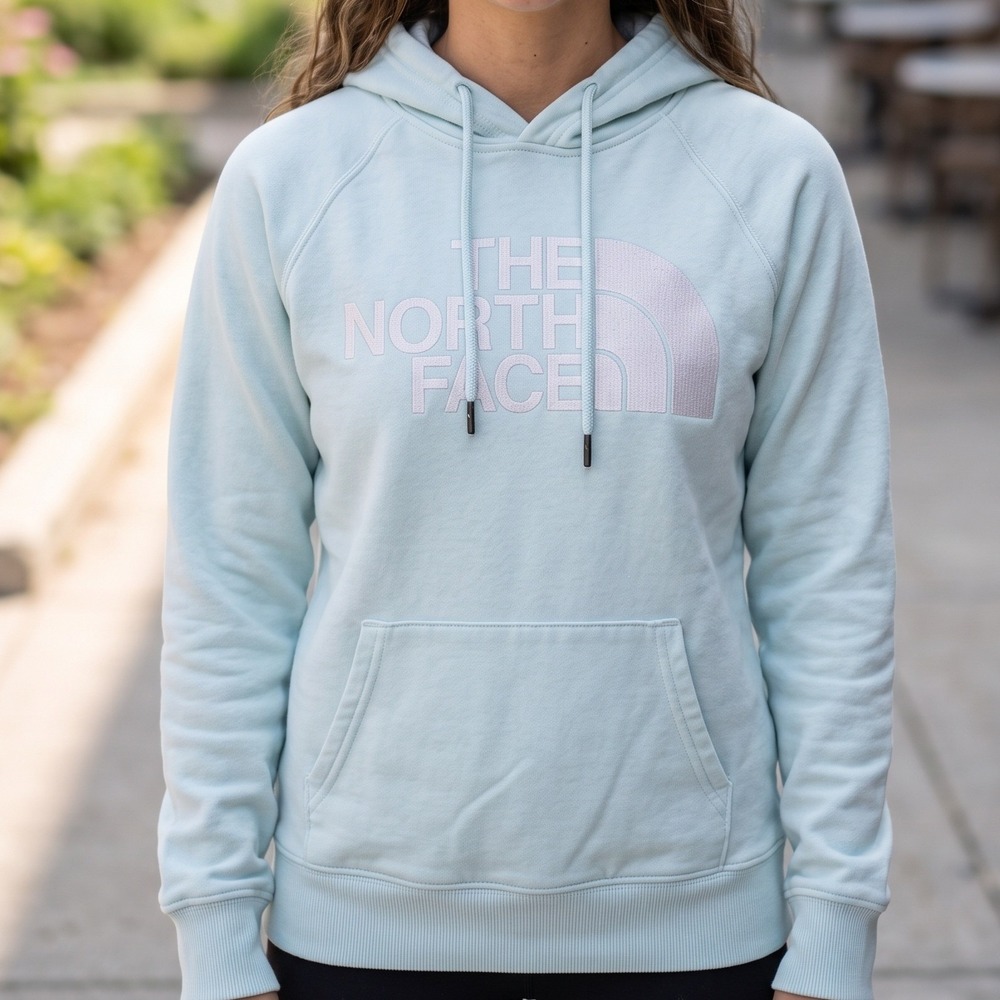 The North Face Womens Light Blue Graphic Logo Pullover Hoodie Sweatshirt S